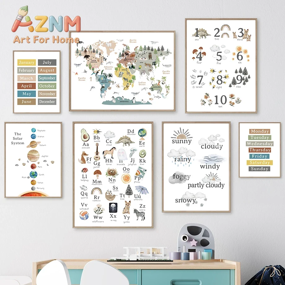 Kids Education Alphabet Numbers - Lukisan Kanvas Poster Cetak Gambar Dinding